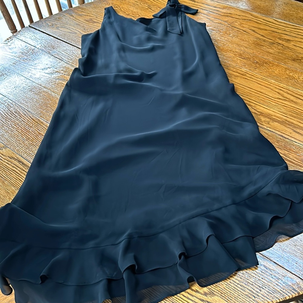 Plaza South black tea length dress. Ruffle hem, sleeveless, bow detail. Size 14.